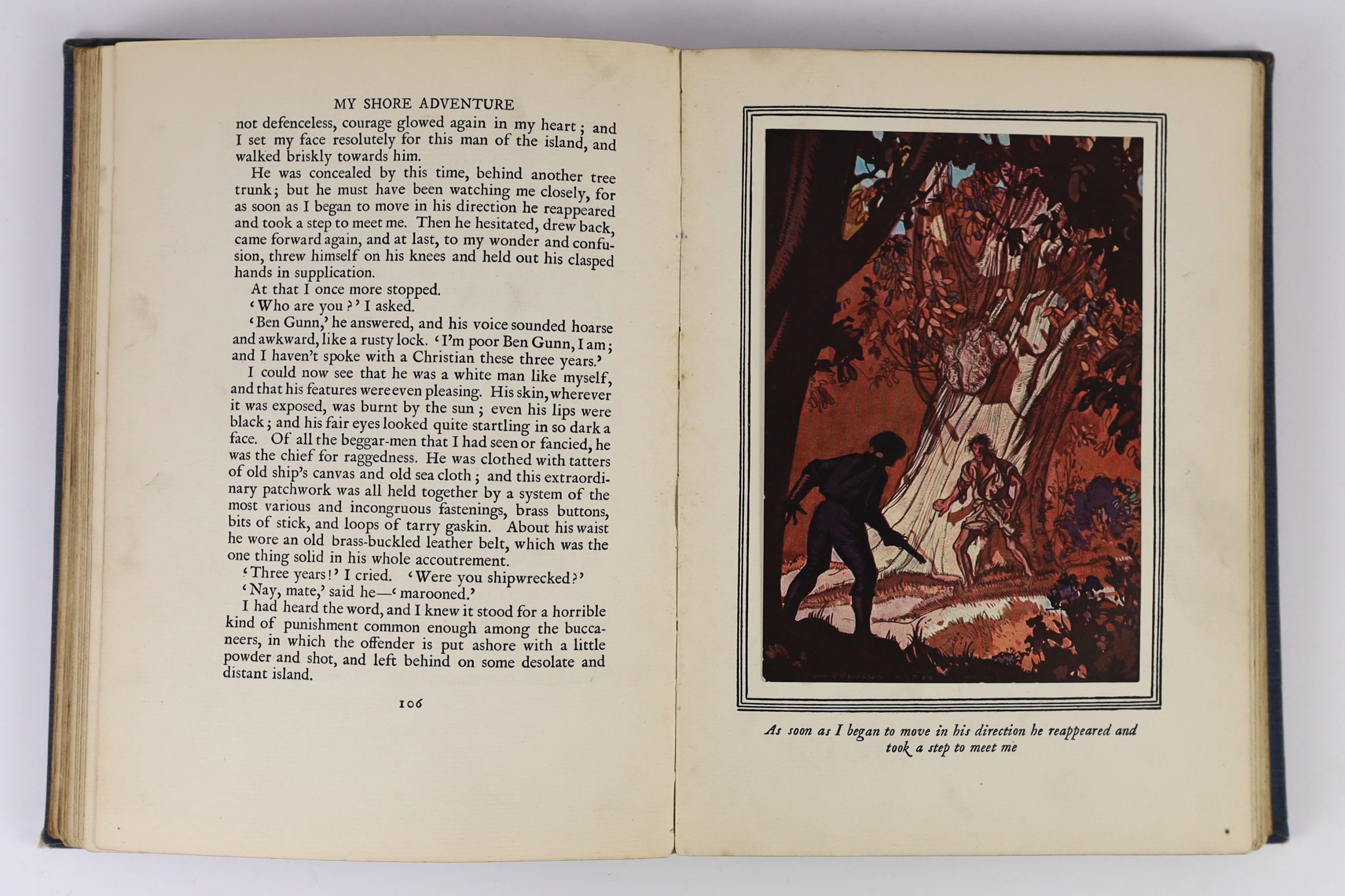 Stevenson, Robert Louis - 2 works, both illustrated with colour plates by Rowland Hilder - Treasure Island, 8vo, original pictorial cloth, London, 1929 and Kidnapped, 8vo, with d/j, London, 1938, in slip case. (2)